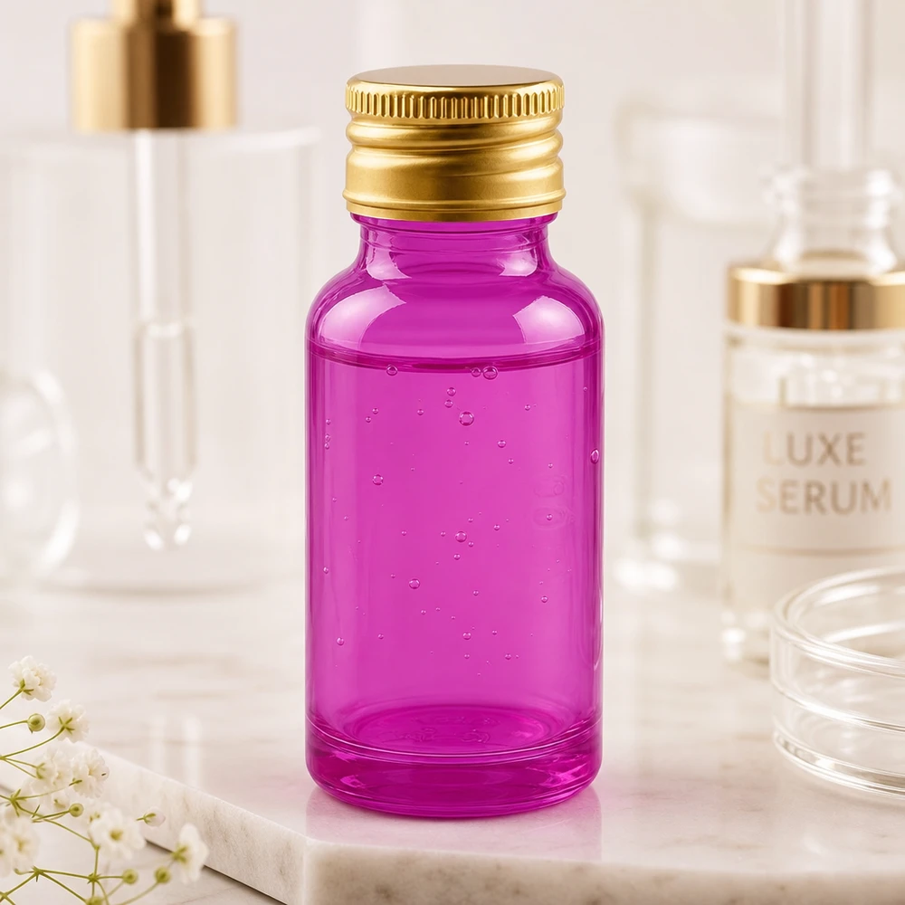 Premium 20 ml glasflaska i ljuslila med elegant aluminiumlock i guld för lyxiga serum