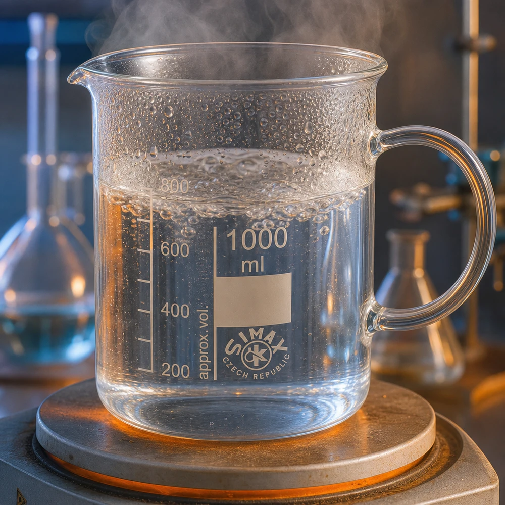 Bägare 1000 ml borosilikatglas, med handtag Kokande vatten i ett 1000 ml bägarglas med handtag på en värmeplatta i laboratoriet