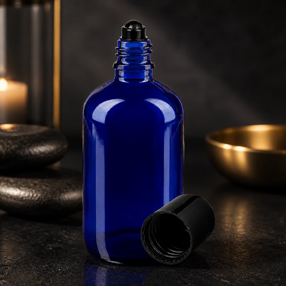 Koboltblå apotekarflaska på 100 ml med svart roll-on-munstycke och skruvlock
