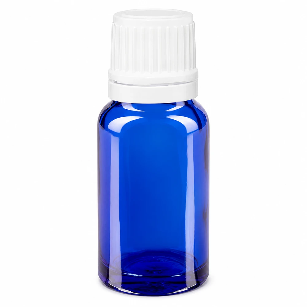 Apoteksflaska blå 10ml droppflaska 1,2mm vitt barnsäkert lock 10 ml blå apotekarflaska i glas med vitt originalförslutningslock och 0,7 mm droppinsats