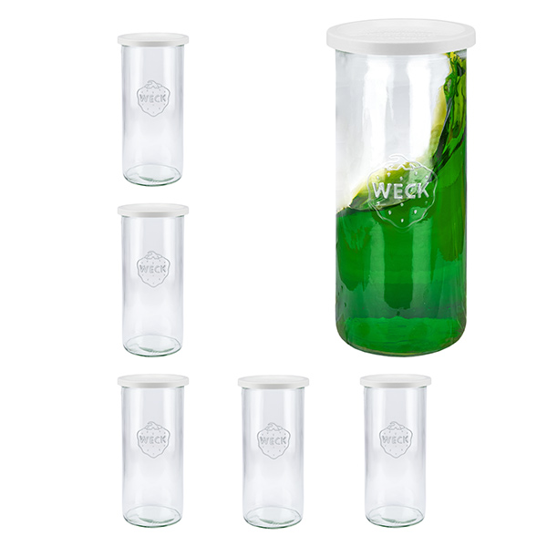 Set med 6 Weck-burkar 1500 ml tumblers med plastlock Set med 6 Weck-burkar 1500 ml tumblers med plastlock