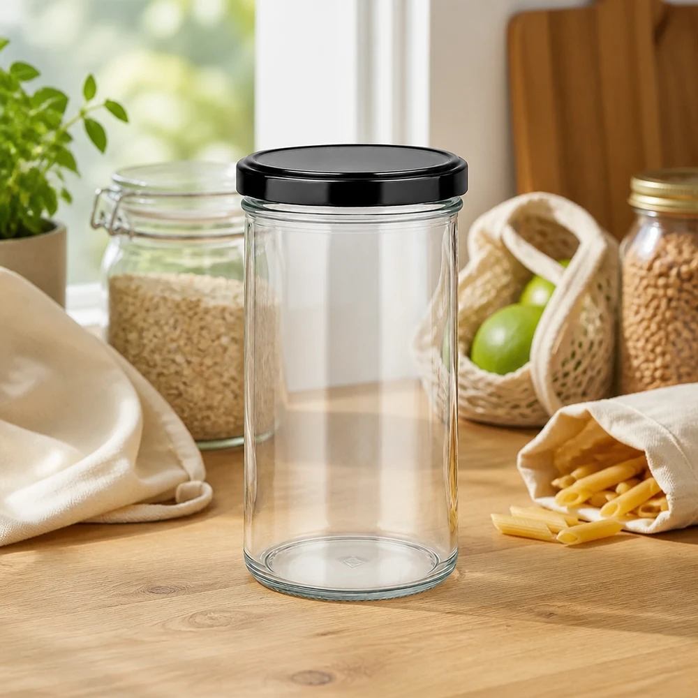 Muggar 277 ml med lock BasicSeal svart UNiTWIST 277ml Sturzglas mit schwarzem Deckel umgeben von nachhaltigen Vorratsbehältern und Zero-Waste-Produkten auf Küchenarbeit