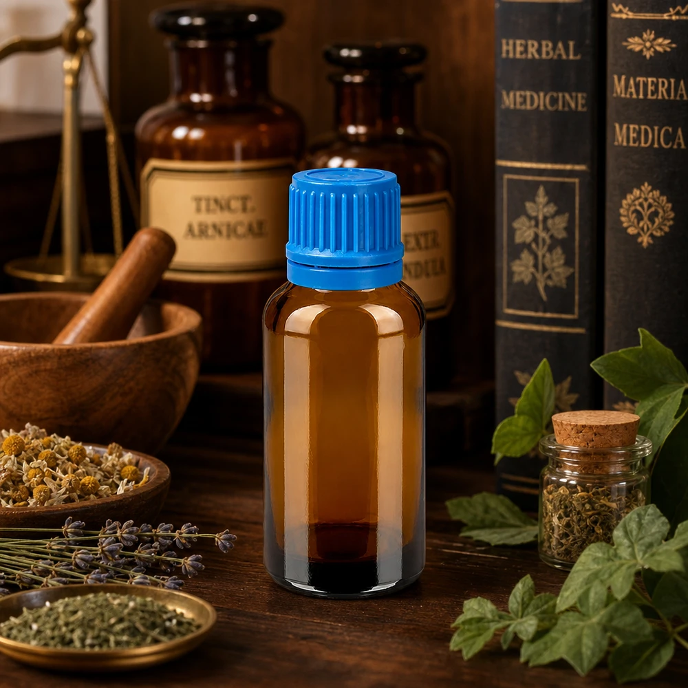 30 ml droppflaska i bärnstensfärgat glas med blått lock, perfekt för tinkturer och homeopati