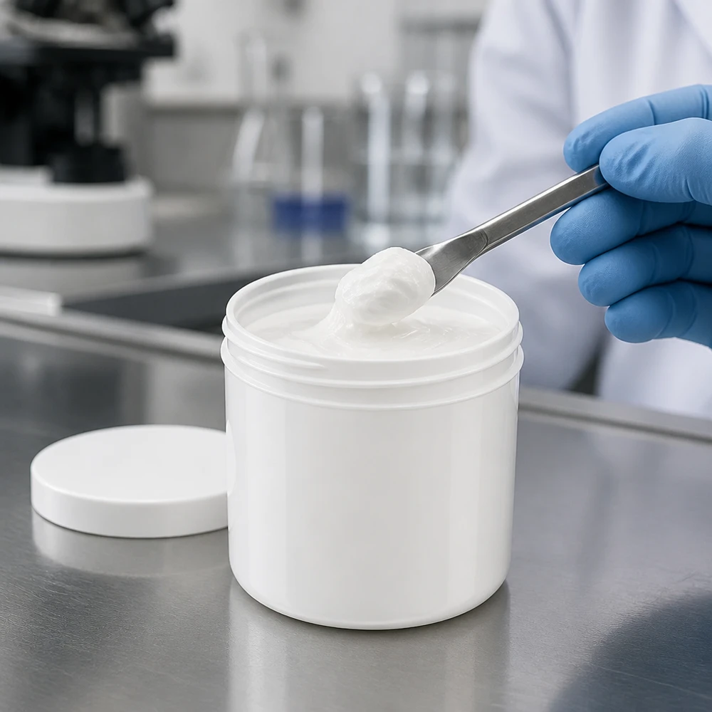 Vit salvorburk på 1000 g av PP med skruvlock för användning i laboratoriet för krämer och salvor