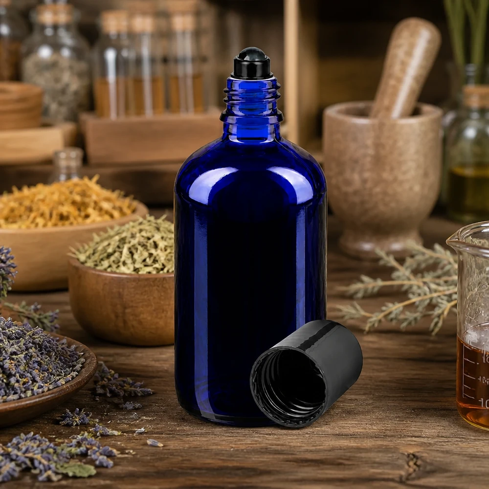 Blå 100 ml apotekerglasflaska med svart rullkulsats bland torkade örter och lavendel