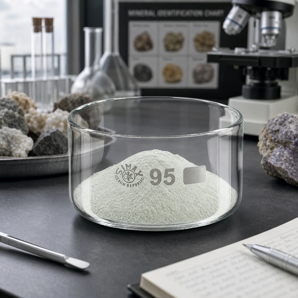 Vitt mineralpulver i en 300 ml Simax-kristallisationsskål med en diameter på 95 mm, geologiskt laboratorium