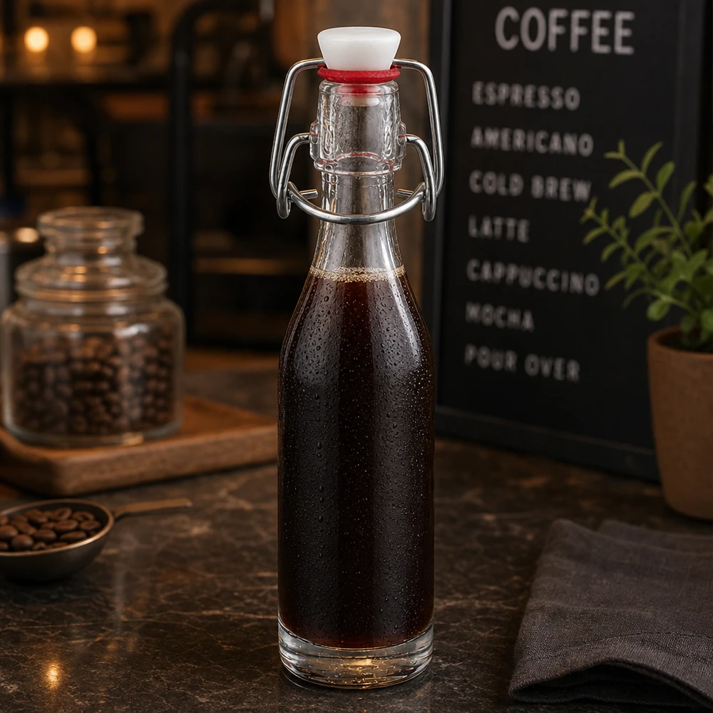 50ml glasflaska + svängbar topp PVC UNiTWIST 50ml Glasflasche mit Bügelverschluss gefüllt mit Cold Brew Kaffee in stilvoller Café-Atmosphäre mit Kaffeebohnen