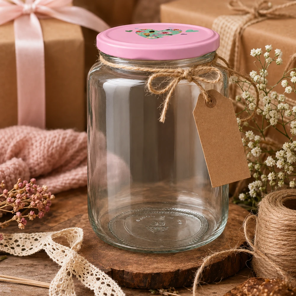 795 ml rund burk + BasicSeal-lock hjärtrosa UNiTWIST Dekoratives Rundglas 795ml mit rosa Herzdeckel als Geschenkidee rustikale Präsentation mit Anhänger und Juteschnur