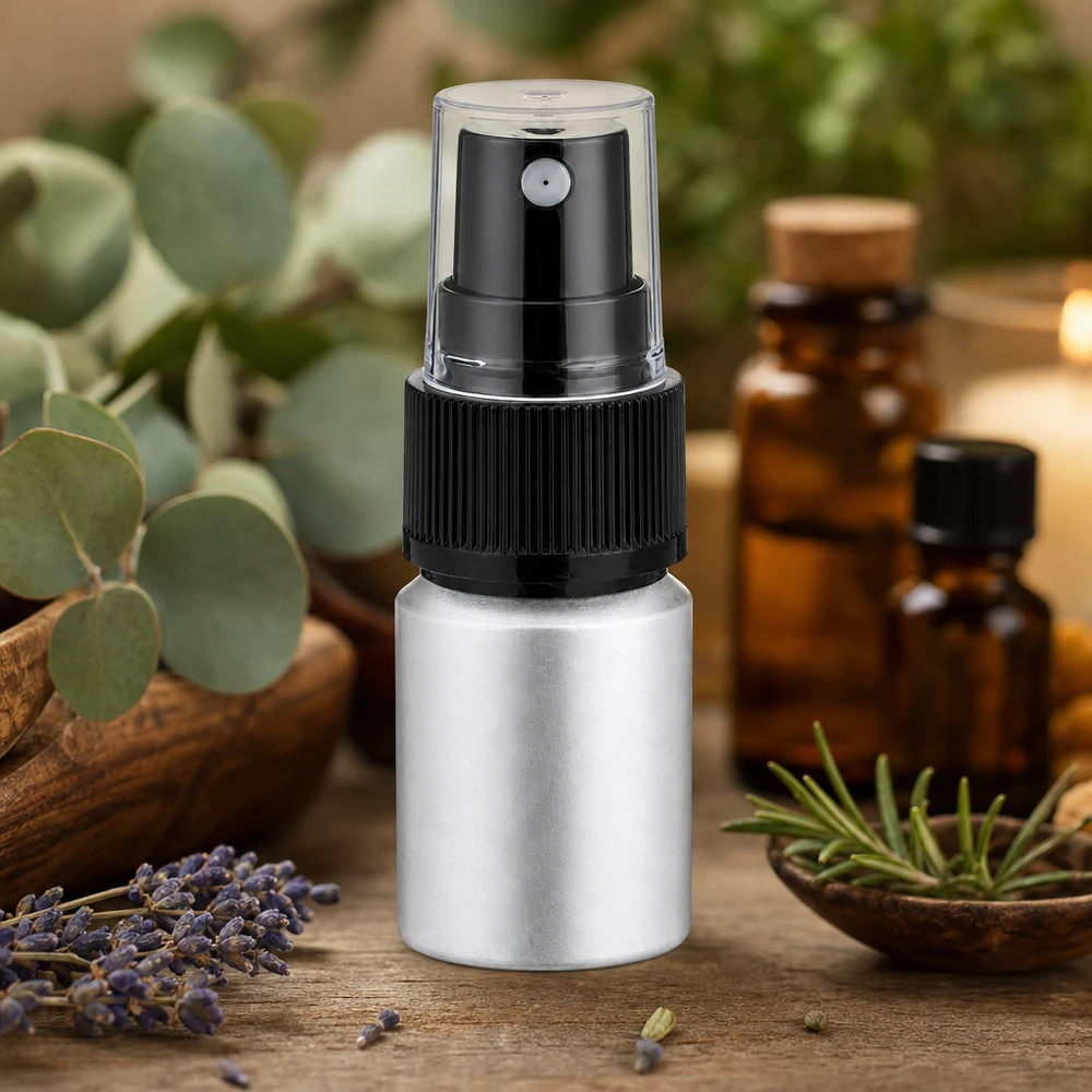 10ml flaska i betad aluminium med atomiser Färgad 10ml aluminiumflaska med sprayhuvud för eteriska oljor och aromaterapi silver