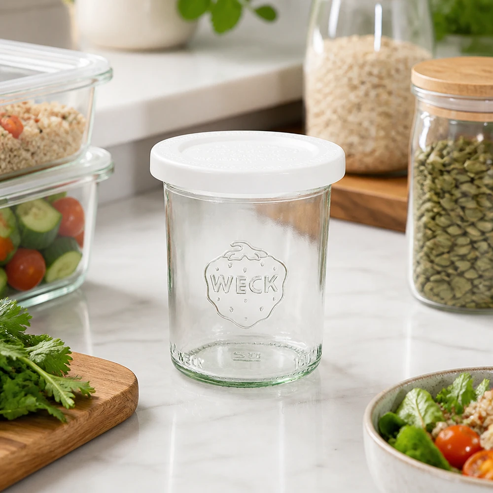 160 ml burk med lock som håller maten färsk, WECK RR60 WECK 160 ml RR60-glas i ett modernt kök med förvaringsburkar, sallad och färska örter - mångsidig förvaring