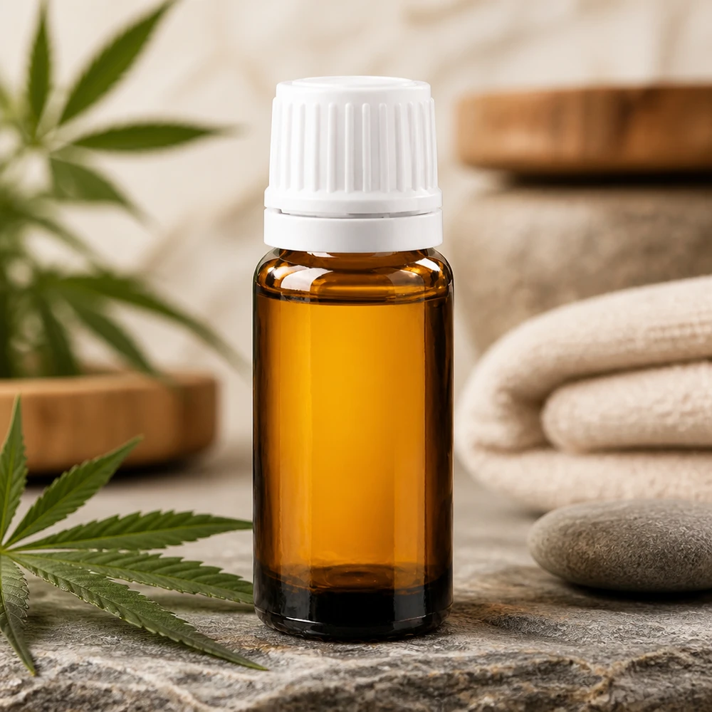 UV-skyddad brun flaska på 10 ml med vit OV-kork, perfekt för CBD-olja och naturkosmetik