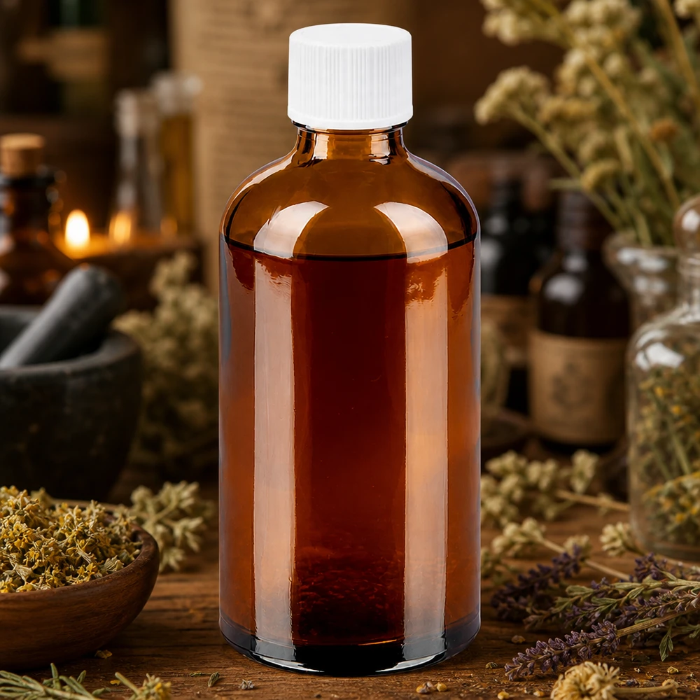 100ml flaska 11mm skruvkork vit Standard BrownLine UT18/100 Liten 100 ml bärnstensfärgad glasflaska med 11 mm skruvgänga, idealisk för droppar och extrakt