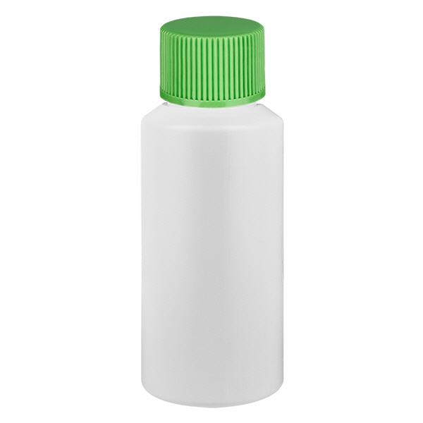 Apoteksflaska HDPE 30ml vit, med grönt skruvlock Apoteksflaska HDPE 30ml vit, med grönt skruvlock