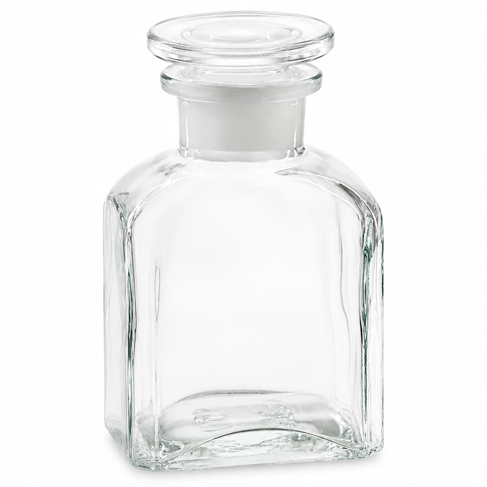 Fyrkantig flaska, 150 ml, klar, med glaspropp, tillverkad av högkvalitativt glas för laboratorie- och hushållsbruk