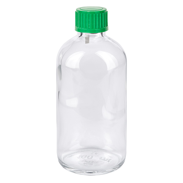100 ml droppflaska 0,8 mm grön med standardförslutning ClearLine UT18/100 100 ml droppflaska i klart glas med grönt skruvlock, ClearLine UT18