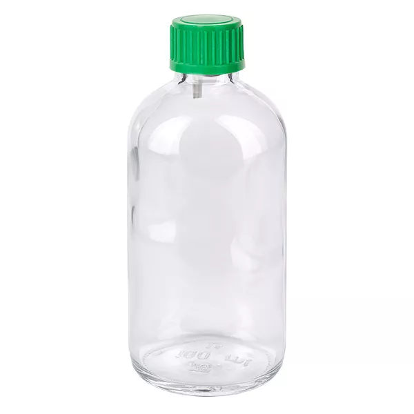 100 ml droppflaska 0,8 mm grön med standardförslutning ClearLine UT18/100 100 ml droppflaska i klart glas med grönt skruvlock, ClearLine UT18