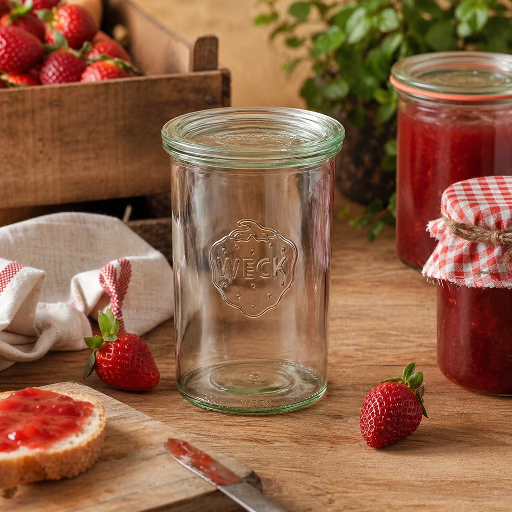 1000ml Krossade glasögon med glaslock WECK RR100 WECK RR100 1000 ml murarburk i rustikt kök dekorativt arrangerad med jordgubbar och hemlagad sylt