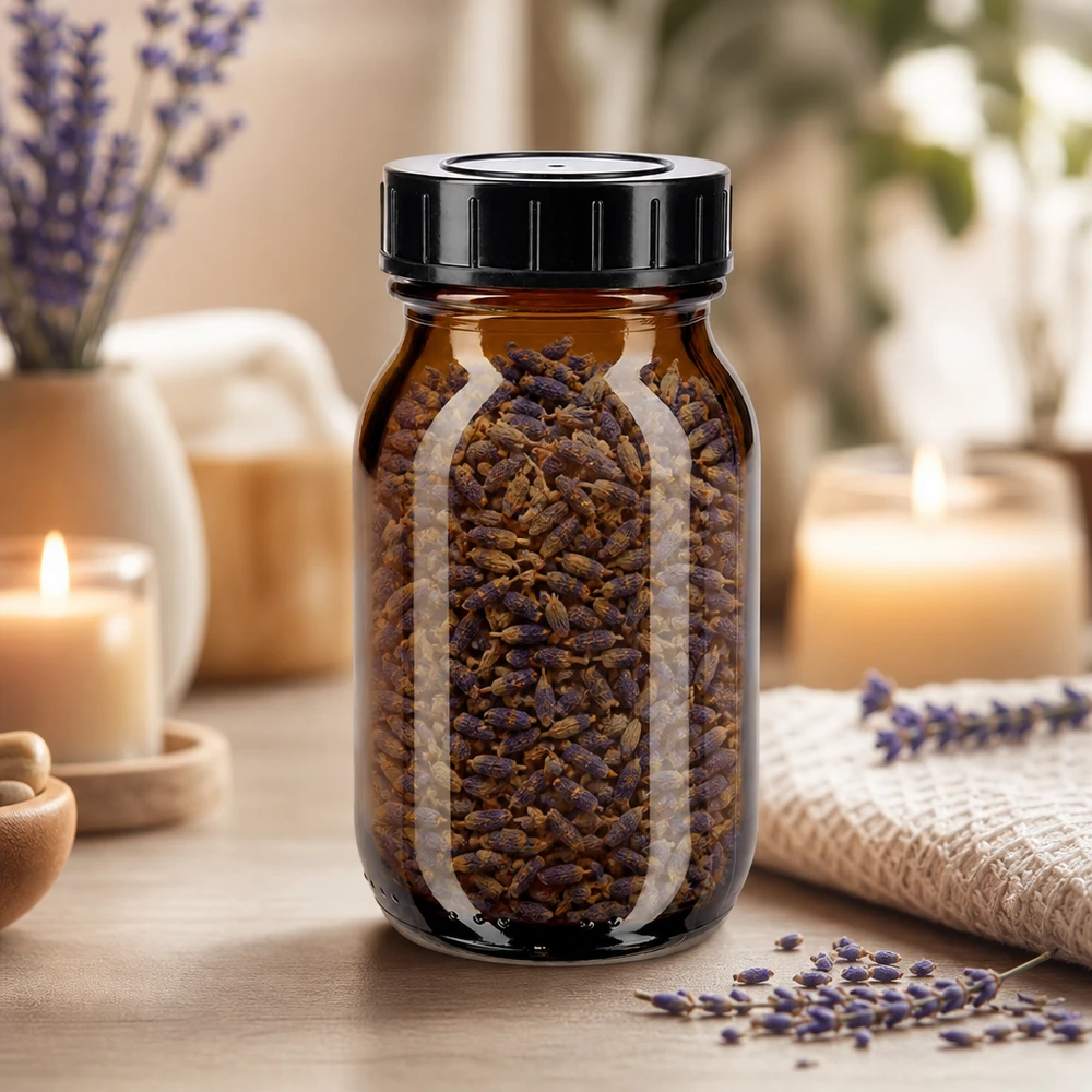 Bredhalsad flaska 100 ml i bärnstensfärgat glas med svart lock för aromsäker förvaring