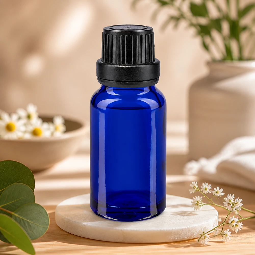 Apoteksglas 10 ml, blått, med svart originalförslutning och precisionsdroppare 2 mm för aromaterapi