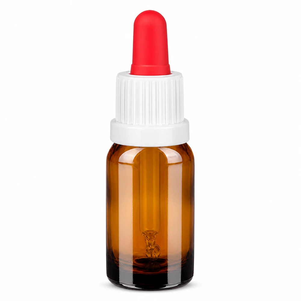 10 ml pipettflaska av bärnstensfärgat glas med vitt lock och röd pipett för exakt dosering