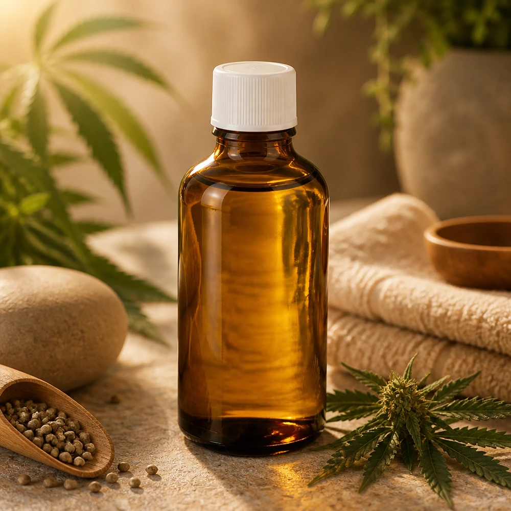 Liten 50 ml bärnstensfärgad glasflaska med vitt lock, idealisk för kosmetika och naturläkemedel