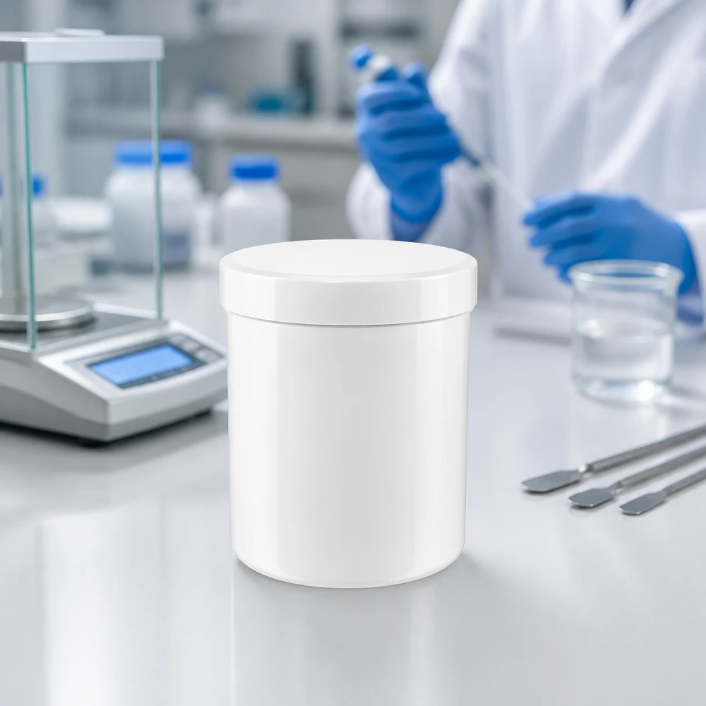 Salvburk 300g vit med vitt skruvlock (polypropylen) Cylindrisk 300 g salvorburk av vitt polypropen med skruvlock för laboratoriemiljö