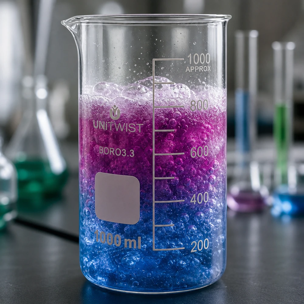 UNITWIST Bägare 1000 ml, hög modell, borosilikatglas med blå-lila färgövergång, för laboratorieexperiment