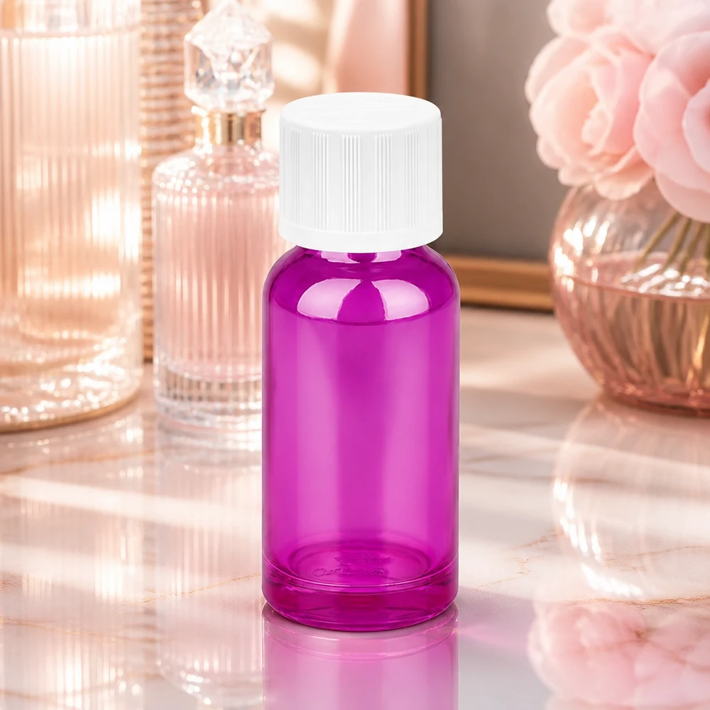 Kompakt 20 ml glasflaska i trendigt lila med vitt lock för DIY-kosmetika och parfymer