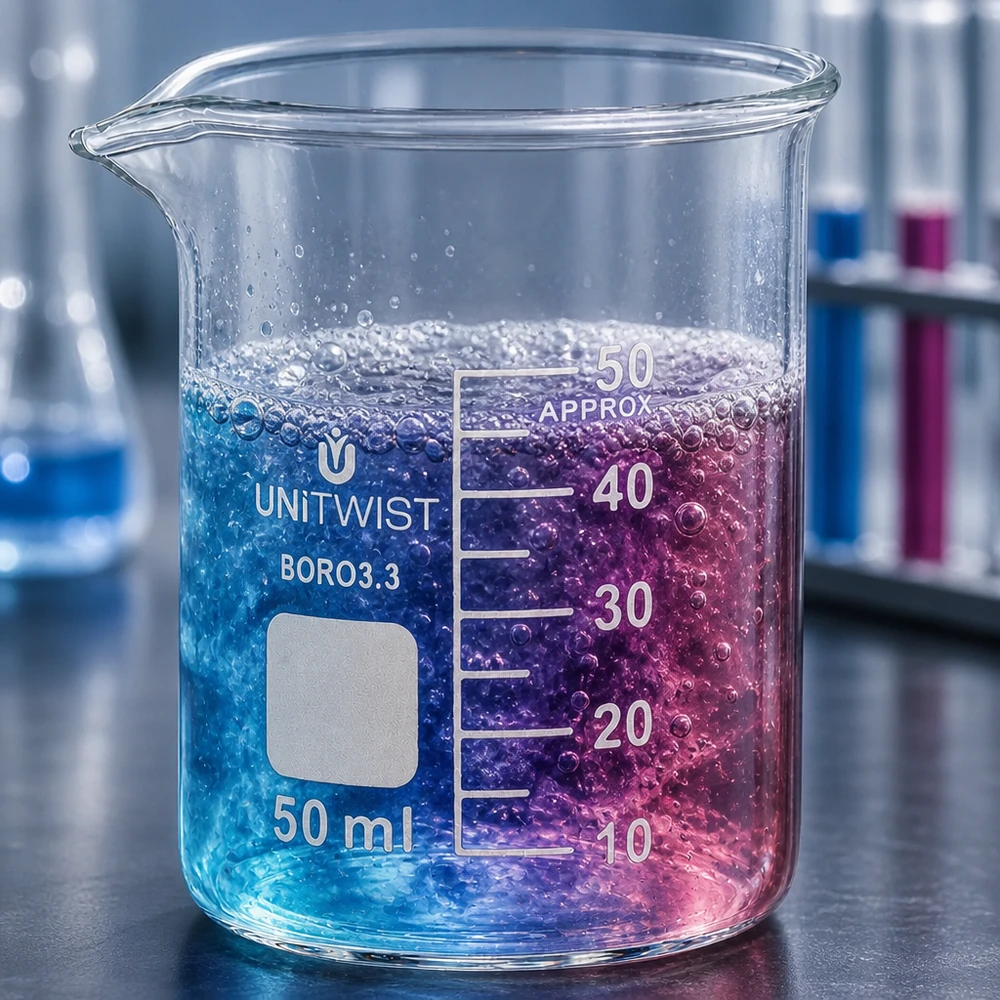 Bägare 50ml borosilikat, lågformad UNiTWIST UNiTWIST bägare, 50 ml, borosilikatglas, låg form med bubblande blå-rosa reaktionsvätska