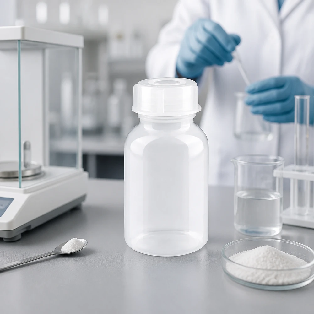 100 ml laboratorieflaska med vid hals och skruvlock bredvid analysvågen och bägaren