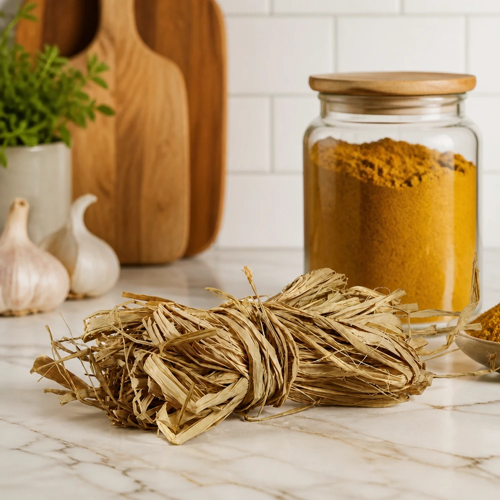 Naturraffia 30 g gyllene beige på marmorbänkskiva med köksredskap visar naturliga dekorativa fibrer för hemmet