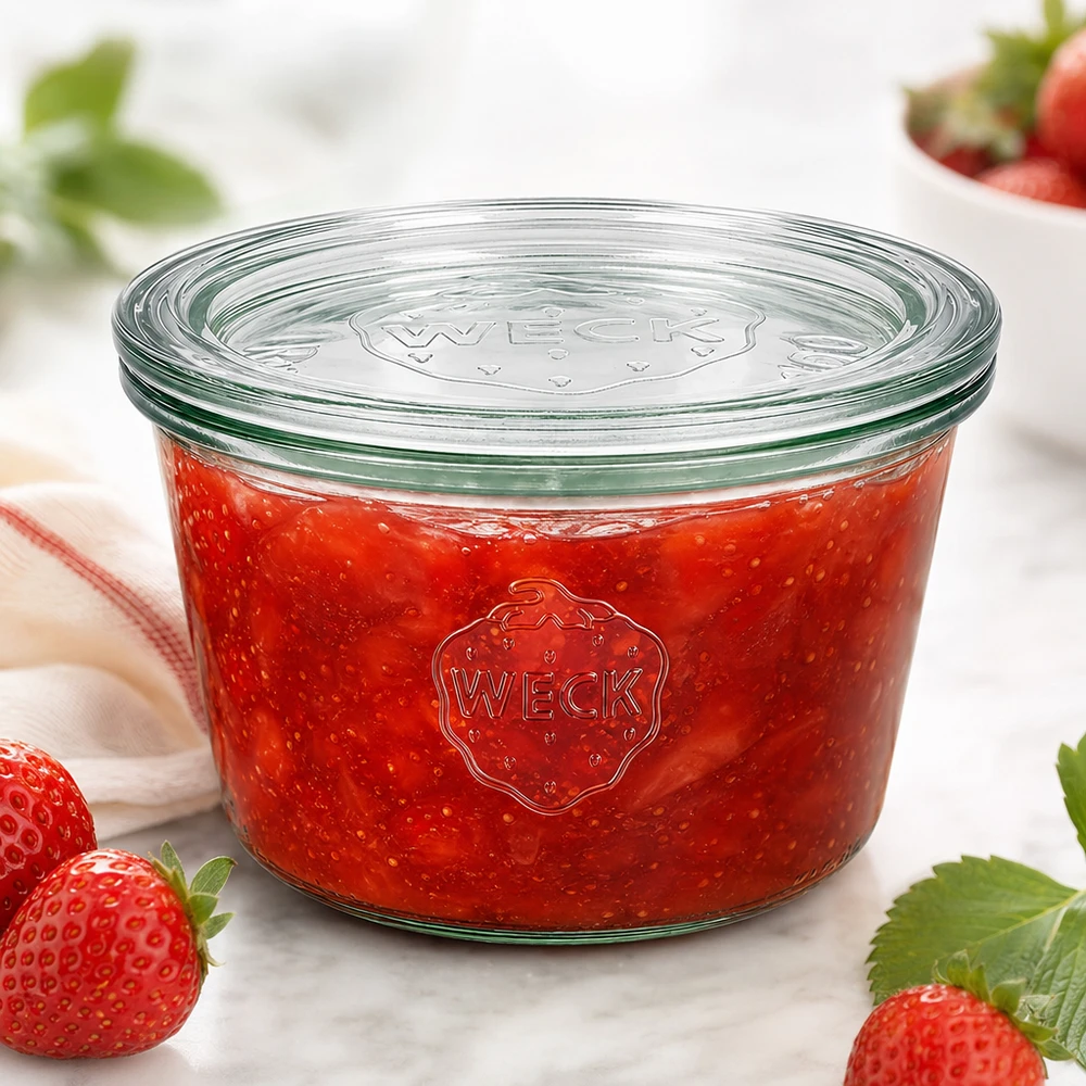 370 ml burk med glaslock WECK RR100 WECK glas 370ml RR100 fyllda med röd jordgubbssylt omgivna av färska jordgubbar på en vit yta