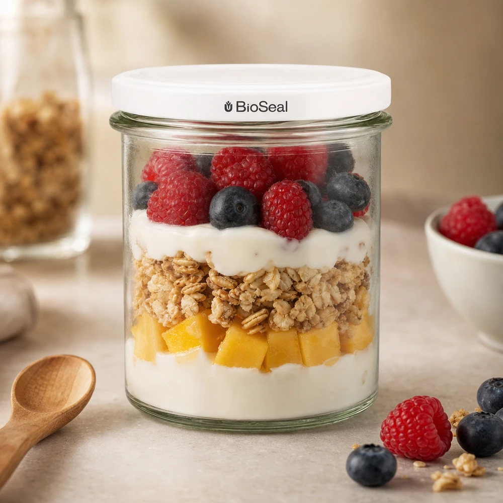 350 ml Krossade glasögon med vitt BioSeal-lock UNiTWIST UNiTWIST Sturz350 als stylisches Dessertglas mit Beeren Granola und Joghurt zeigt moderne Küchenästhetik TO82 BioSeal