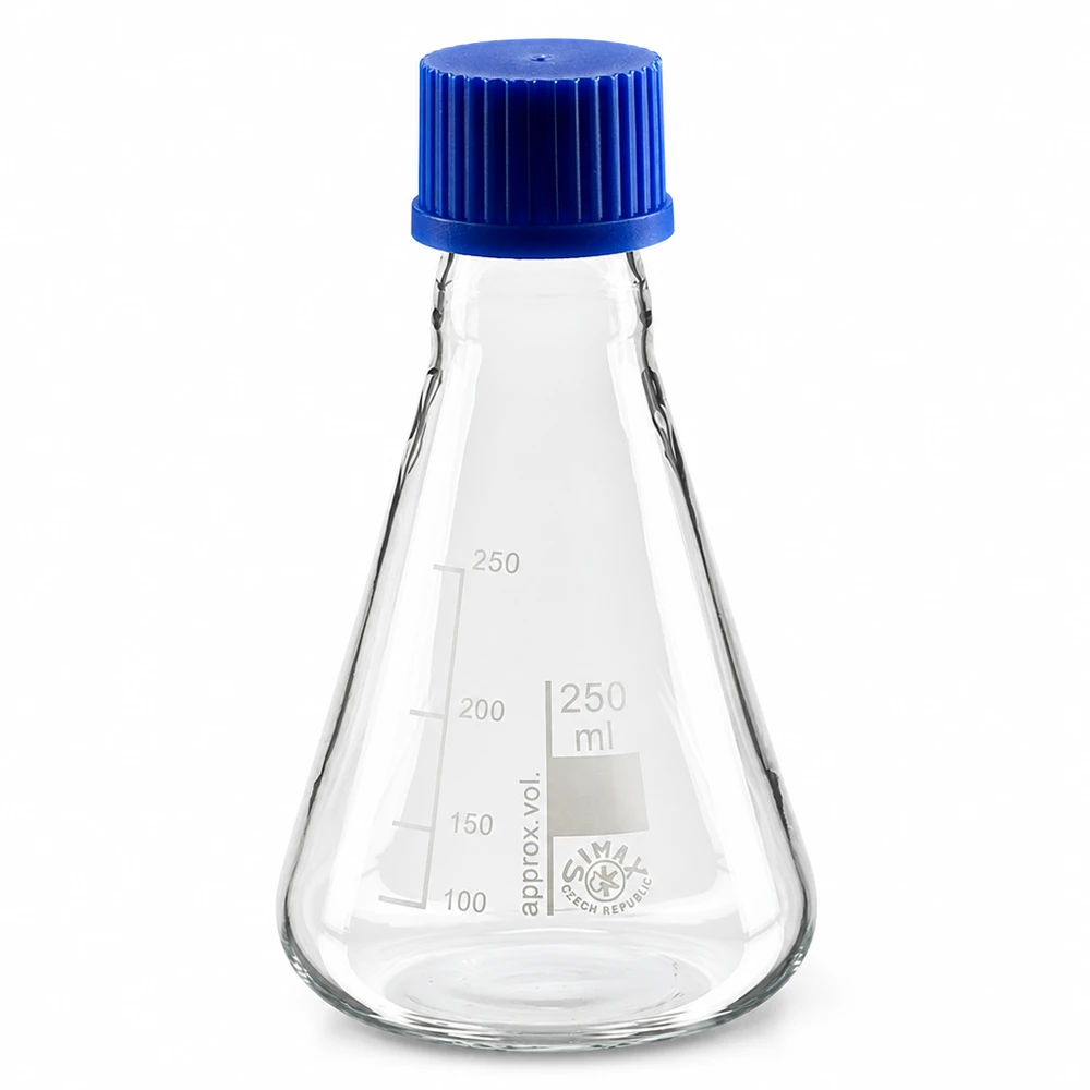 Erlenmeyerkolv 250 ml av glas med blått skruvlock för laboratoriebruk