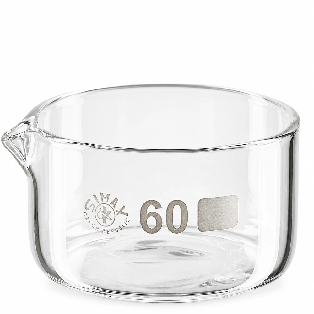 60ml kristalliseringsskål med pip av borosilikat ø60mm Kristalliseringsskål 60 ml, borosilikatglas med pip, transparent, cylindrisk, Simax, Tjeckien