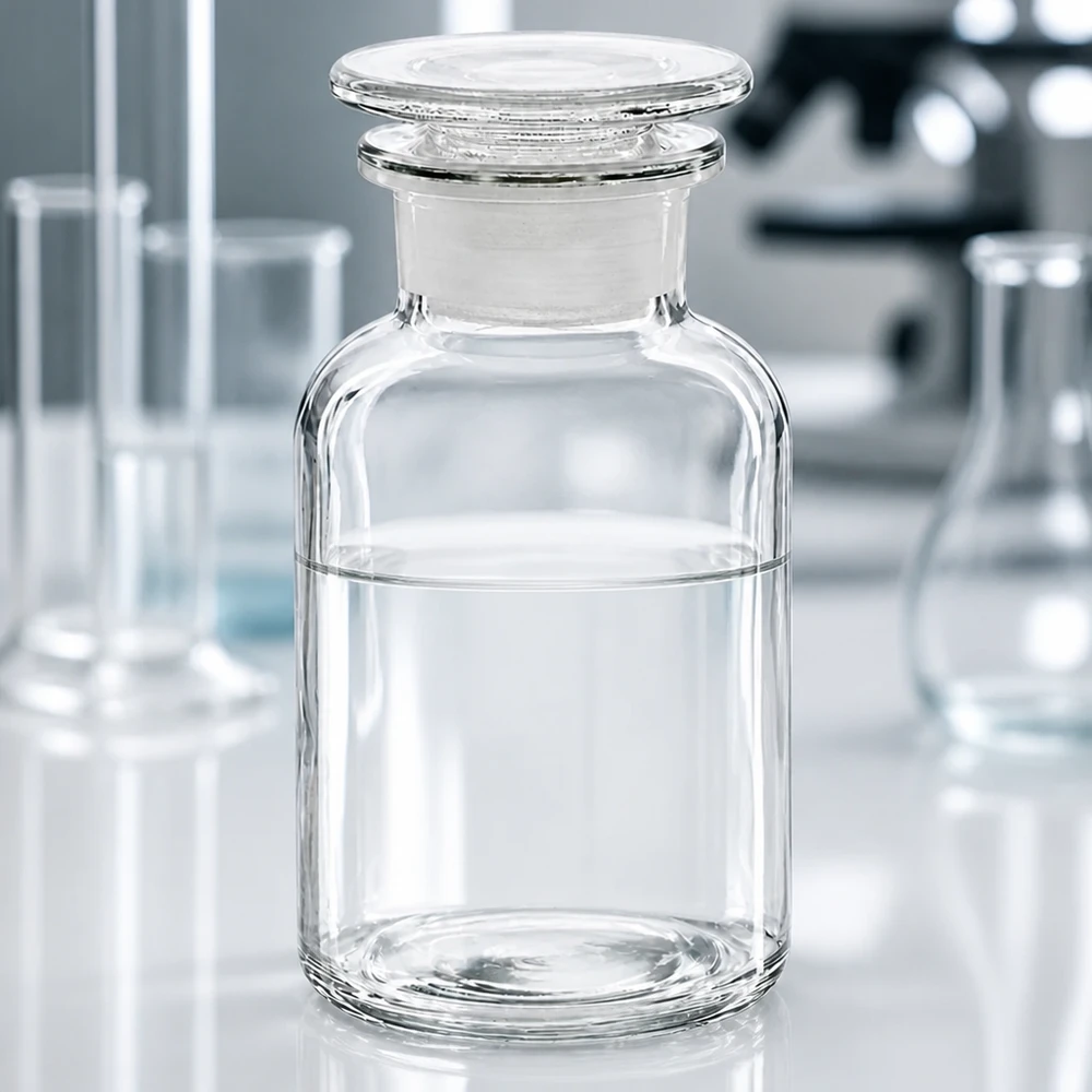 Borsilikatglasflaska med vid hals, 250 ml, med inslipad glaspropp på laboratoriebordet