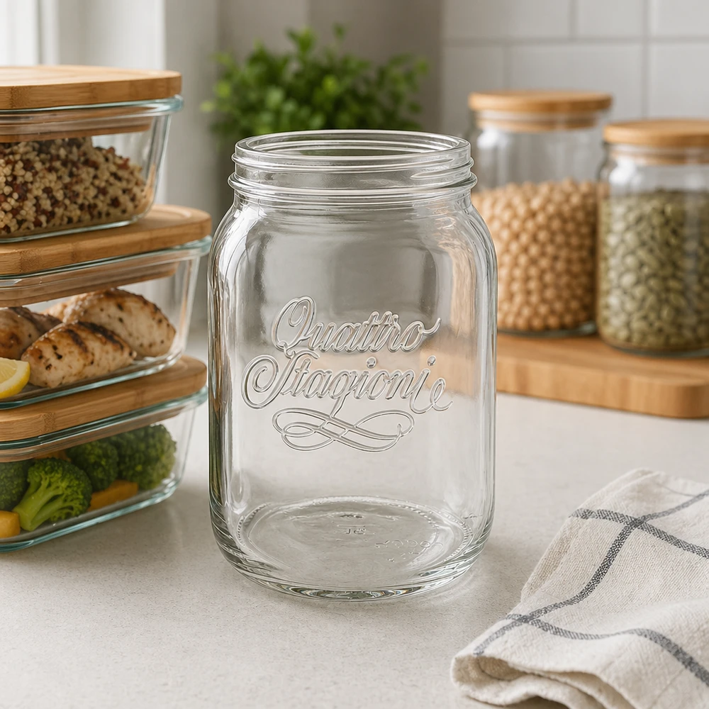 2000ml rund burk "Quattro Stagioni" QS110mm 2000ml Quattro Stagioni Haushaltsglas mit Schriftzug in moderner Küche zwischen Vorratsgläsern und Küchenorganisation