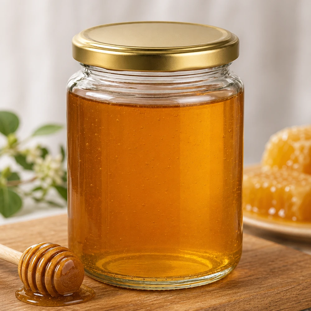 450 g honungsburk med gyllene lock BasicSeal UNiTWIST 450 g BasicSeal honungsburk med gyllene lock fylld med flytande honung Honungssked i trä Honeycomb Biodling Naturprodukt