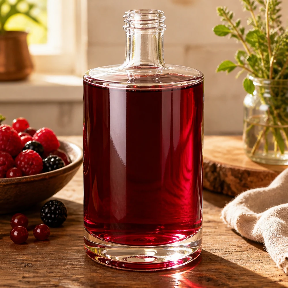 500 ml glasflaska Sam fylld med röd bärsaft dekoration träbord bär örter naturlig atmosfär