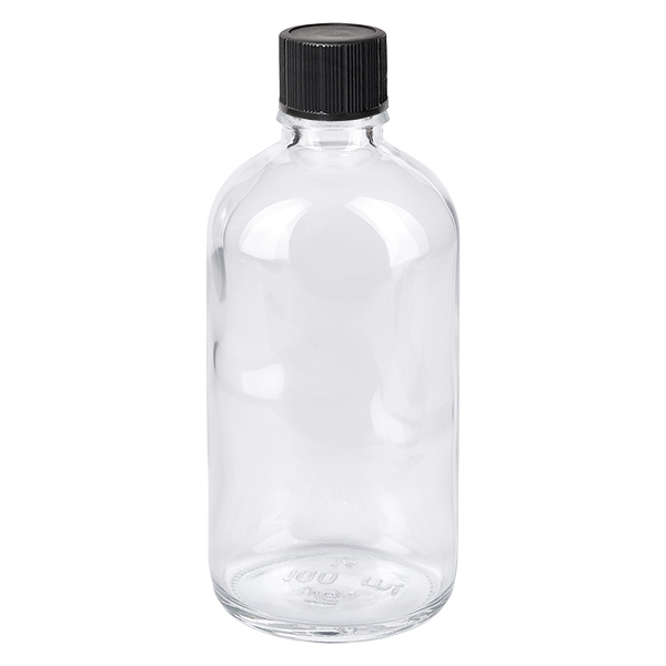 100ml Droppflaska 1mm svart standardlock ClearLine UT18/100 Klar glasflaska, 100 ml, med svart skruvlock – ClearLine droppflaska UT18