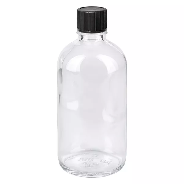 100ml Droppflaska 1mm svart standardlock ClearLine UT18/100 Klar glasflaska, 100 ml, med svart skruvlock – ClearLine droppflaska UT18