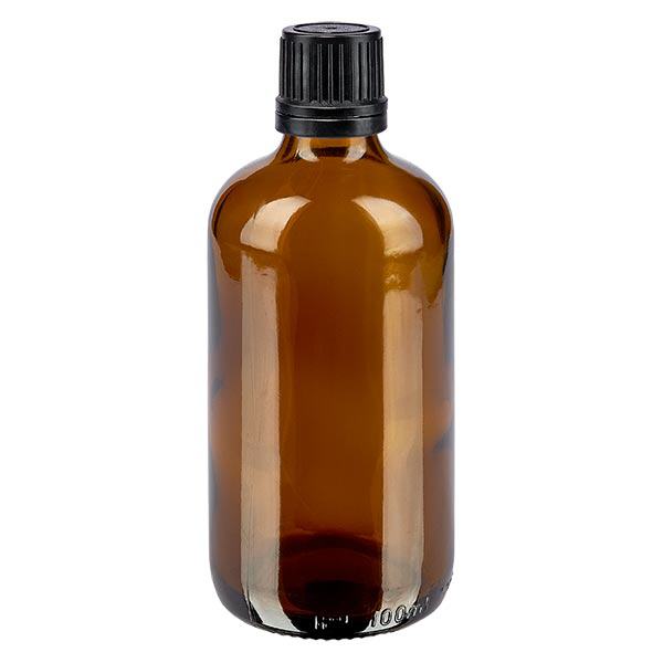 Apoteksflaska brun 100ml skruvlock svart hällring tamper evident stängning