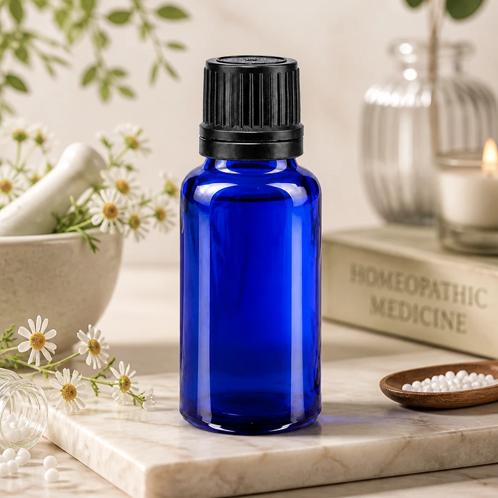 Liten 20 ml-flaska av koboltblått glas med svart skruvlock, med homeopatisk anknytning