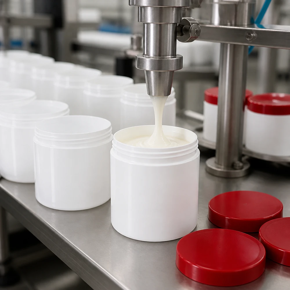 Salvburk 30g vit med rött skruvlock (polypropylen) En automatisk fyllningsanläggning fyller vita 30 g-salvburkar med en krämig massa under produktionen