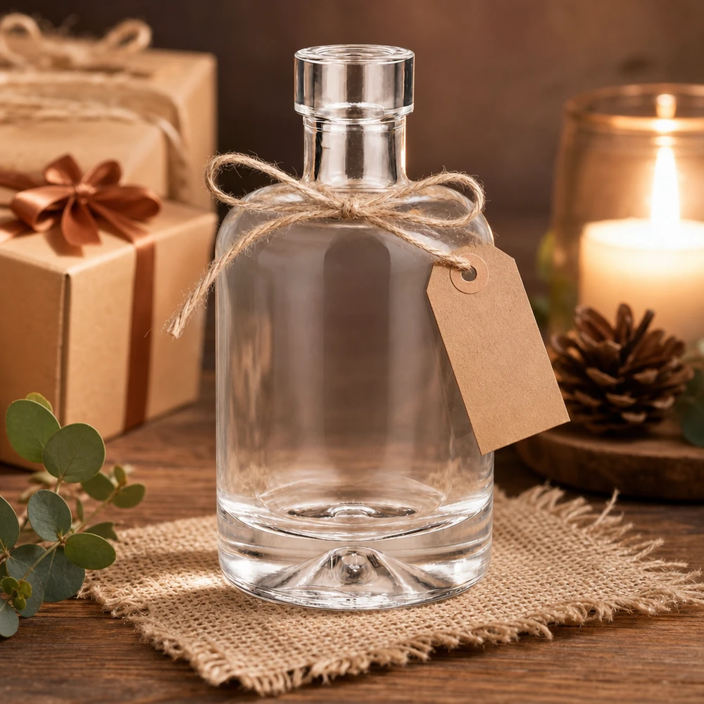 50ml glasflaska Amelie tom med presentdekoration och ljus visar ädel presentation som presentförpackning