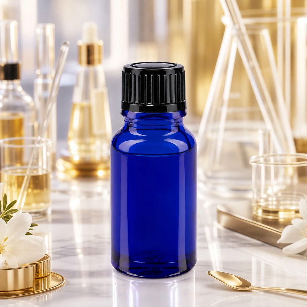 Apoteksflaska blå 10ml dropplock 1mm svart standard 10 ml läkemedelsglasflaska i blått med 1 mm precisionsdroppare och barnsäker förslutning