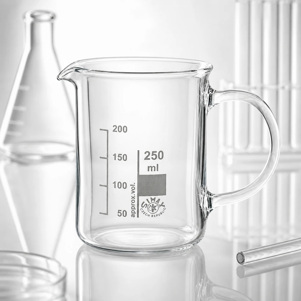 Bägare, 250 ml, borosilikatglas, med handtag och skala, mellan Erlenmeyerkolv och provrör