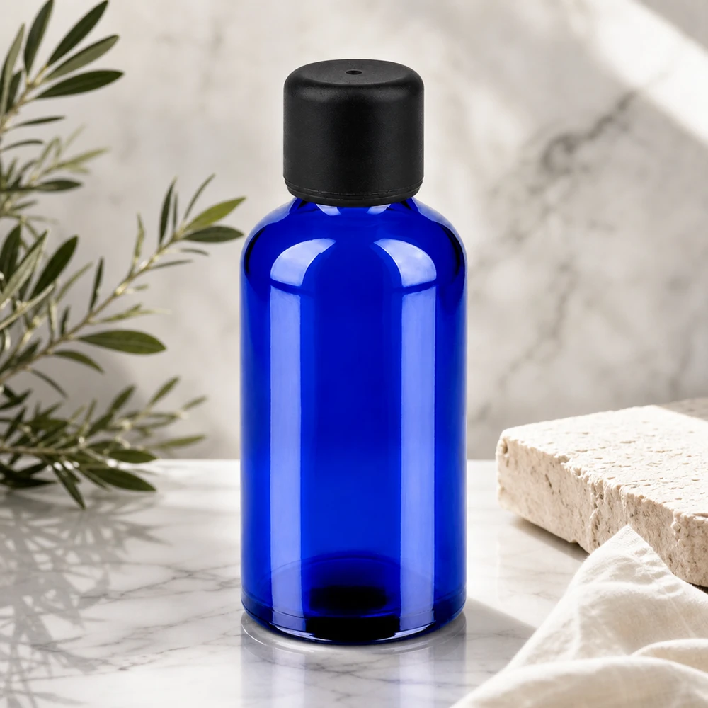 50ml flaska 6mm skruvkork svart standard BlueLine UT18/50 Högkvalitativ blå glasflaska 50 ml med matt svart lock för professionella kosmetiska produkter