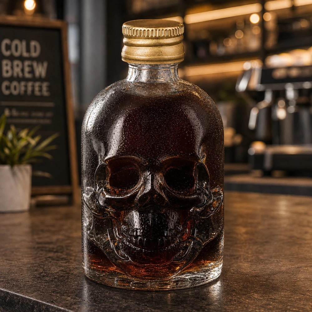 50 ml Hector glasflaska med dödskalle och skruvkork i guld i en caféatmosfär med kallbryggt kaffe