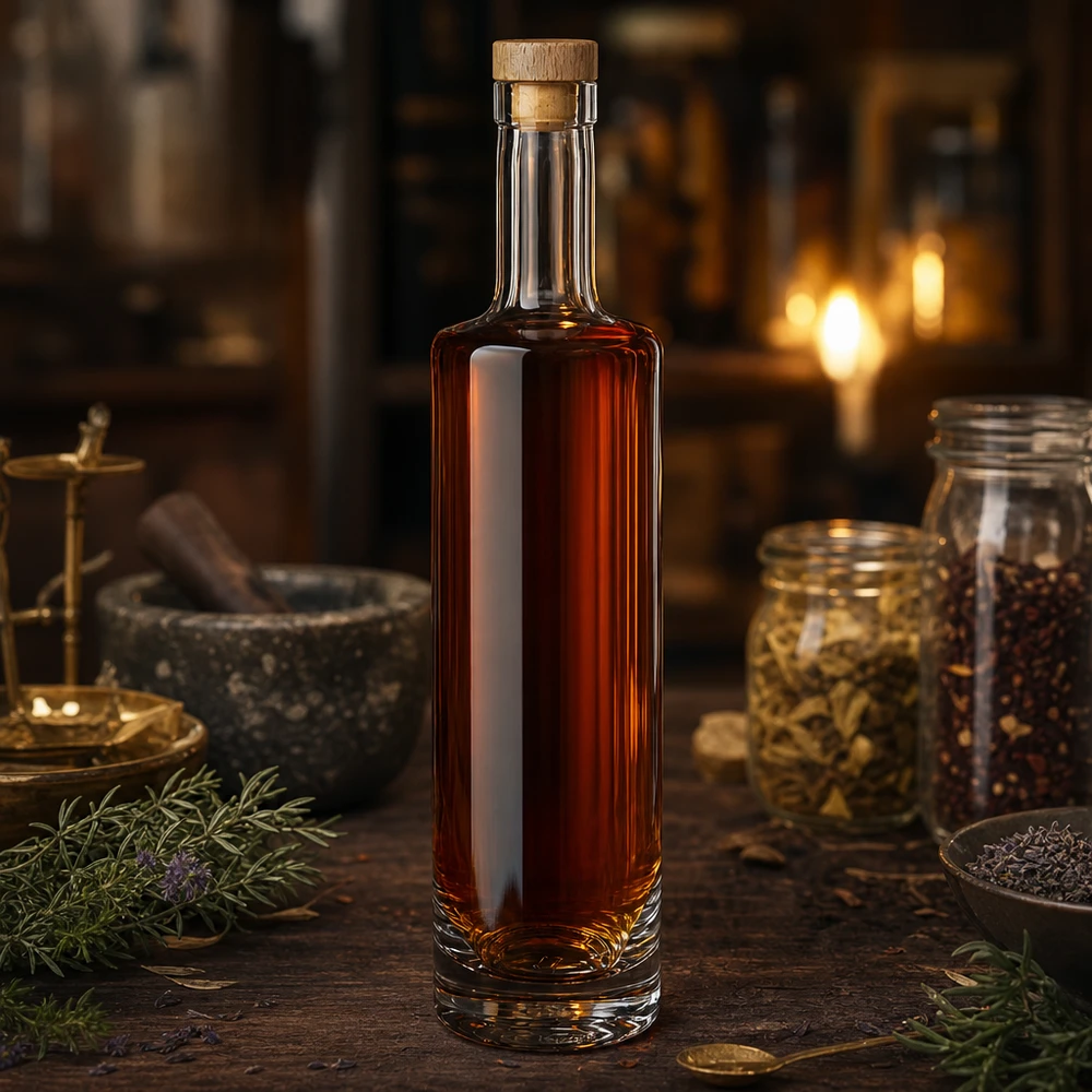 500ml Glasflasche Lina mit bernsteinfarbener Flüssigkeit und Holzkorken in rustikaler Küche mit Gewürzen und Kräutern